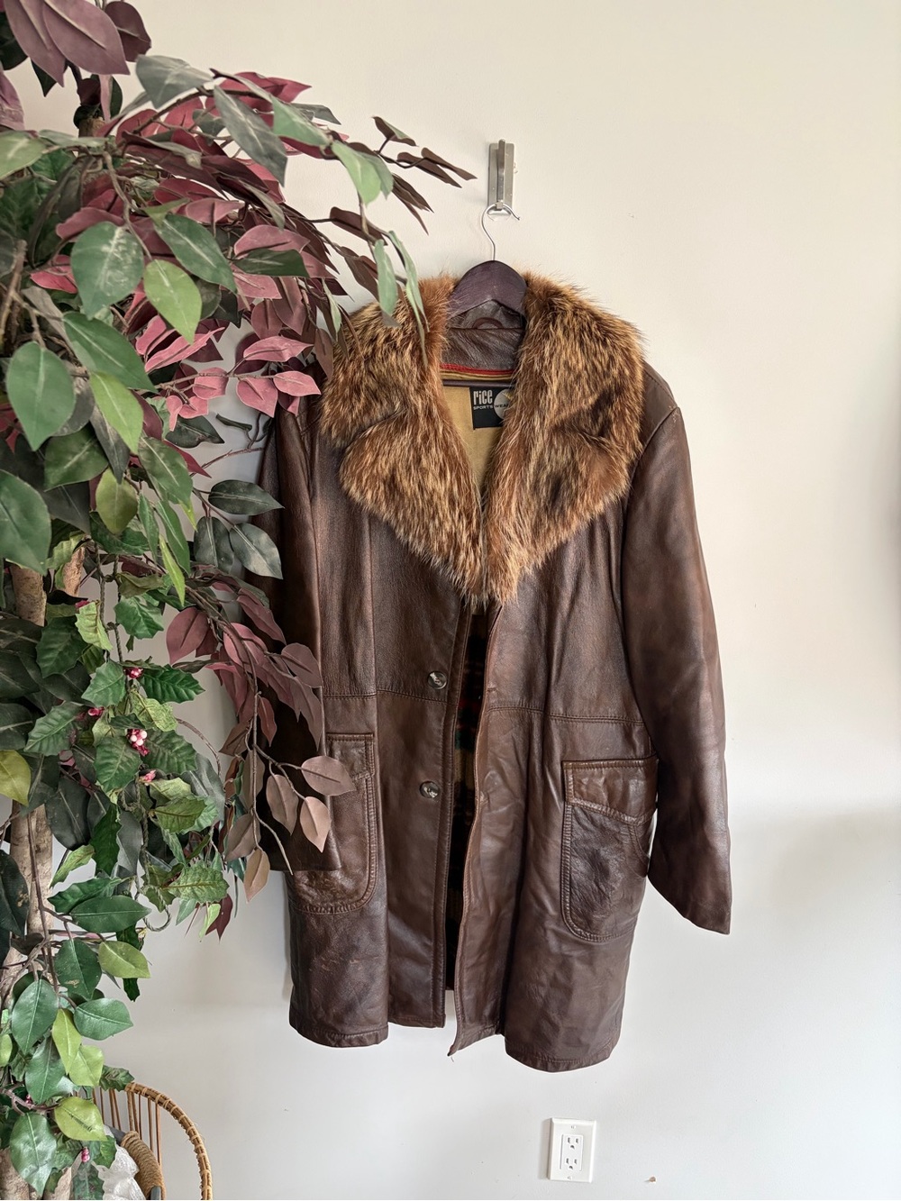 Brown Leather Coat with racoon Fur Collar